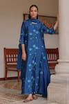Buy_Vaayu_Blue Silk Embroidery Round Neck Indigo Bloom Print Anarkali With Dupatta _at_Aza_Fashions