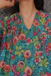 Vaayu_Blue Muslin, Cotton V-neck Teal Bloom Print Dress _Online_at_Aza_Fashions
