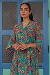 Buy_Vaayu_Blue Muslin, Cotton V-neck Teal Bloom Print Dress _Online_at_Aza_Fashions