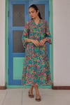 Shop_Vaayu_Blue Muslin, Cotton V-neck Teal Bloom Print Dress _Online_at_Aza_Fashions