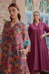Vaayu_Multi Color Muslin, Cotton V-neck Amethyst Bloom Print Dress _at_Aza_Fashions