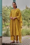 Vaayu_Yellow Silk Embroidery, Applique Round Neck Tuscany Floral Print Kurta Set _at_Aza_Fashions