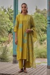 Buy_Vaayu_Yellow Silk Applique, Embroidery, Tassels Keyhole Neck Ochre Kurta Set _at_Aza_Fashions