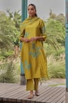 Shop_Vaayu_Yellow Silk Applique, Embroidery, Tassels Keyhole Neck Ochre Kurta Set _Online_at_Aza_Fashions
