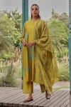 Buy_Vaayu_Yellow Silk Applique, Embroidery, Tassels Keyhole Neck Ochre Kurta Set 