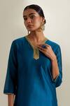 Vinusto_Teal Chanderi Embroidery, Lace, Zari V-neck Cutdana And Kurta Sharara Set _Online_at_Aza_Fashions