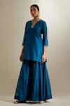 Shop_Vinusto_Teal Chanderi Embroidery, Lace, Zari V-neck Cutdana And Kurta Sharara Set _Online_at_Aza_Fashions