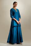 Vinusto_Teal Chanderi Embroidery, Lace, Zari V-neck Cutdana And Kurta Sharara Set _at_Aza_Fashions