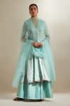 Buy_Vinusto_Mint Chanderi, Silk Zari, Embroidery V-neck Panelled Anarkali Sharara Set _at_Aza_Fashions