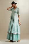 Shop_Vinusto_Mint Chanderi, Silk Zari, Embroidery V-neck Panelled Anarkali Sharara Set _Online_at_Aza_Fashions
