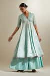 Vinusto_Mint Chanderi, Silk Zari, Embroidery V-neck Panelled Anarkali Sharara Set _at_Aza_Fashions