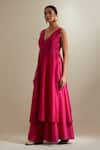 Vinusto_Fuchsia Chanderi V-neck Panelled Anarkali And Flared Palazzo _Online_at_Aza_Fashions