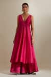 Buy_Vinusto_Fuchsia Chanderi V-neck Panelled Anarkali And Flared Palazzo _at_Aza_Fashions