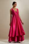 Buy_Vinusto_Fuchsia Chanderi V-neck Panelled Anarkali And Flared Palazzo _Online_at_Aza_Fashions