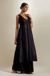 Buy_Vinusto_Black Chanderi V-neck Sleeveless Panelled Anarkali And Palazzo _Online_at_Aza_Fashions