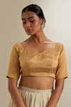 Vinusto_Gold Chanderi Zari Square Neck Stripe Lehenga Set _Online_at_Aza_Fashions