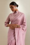 Vinusto_Pink Chanderi Lace, Zari Collared Saree With Blouse _Online_at_Aza_Fashions