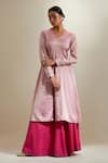 Vinusto_Pink Chanderi Embroidery V-neck Zari Silk Anarkali Sharara Set _Online_at_Aza_Fashions