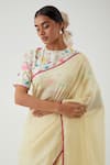 Buy_Vinusto_Yellow Chanderi Applique, Embroidery Round Neck Saree With Floral Print Blouse _Online_at_Aza_Fashions