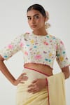 Buy_Vinusto_Yellow Chanderi Applique, Embroidery Round Neck Saree With Floral Print Blouse 