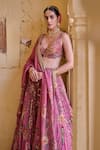 Irrau By Samir Mantri_Pink Organza Embroidery, Zari, Sequins V-neck Gulab Floral Print Lehenga Set _Online_at_Aza_Fashions