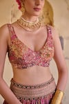 Buy_Irrau By Samir Mantri_Pink Organza Embroidery, Zari, Sequins V-neck Gulab Floral Print Lehenga Set _Online_at_Aza_Fashions