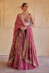 Shop_Irrau By Samir Mantri_Pink Organza Embroidery, Zari, Sequins V-neck Gulab Floral Print Lehenga Set _Online_at_Aza_Fashions