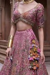 Irrau By Samir Mantri_Pink Organza Embroidery, Sequins, Beads, Tassels, Zari Kamal Hand Lehenga Set _Online_at_Aza_Fashions