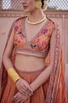 Irrau By Samir Mantri_Peach Dupion, Organza Embroidery, Tassels, Zari V-neck Parijat Lehenga Set _at_Aza_Fashions