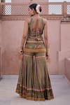 Shop_Irrau By Samir Mantri_Olive Green Dupion, Organza Embroidery V-neck Tulsi Printed Kurta Gharara Set _at_Aza_Fashions