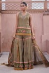Buy_Irrau By Samir Mantri_Olive Green Dupion, Organza Embroidery V-neck Tulsi Printed Kurta Gharara Set _at_Aza_Fashions