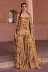 Buy_Irrau By Samir Mantri_Mustard Organza Embroidery, Sequins Square Neck Genda Printed Kurta Gharara Set _at_Aza_Fashions
