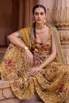 Shop_Irrau By Samir Mantri_Mustard Organza Embroidery, Sequins Square Neck Genda Printed Kurta Gharara Set _Online_at_Aza_Fashions