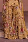 Irrau By Samir Mantri_Mustard Organza Embroidery, Sequins Square Neck Genda Printed Kurta Gharara Set _at_Aza_Fashions