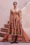 Buy_Irrau By Samir Mantri_Peach Dupion, Organza Embroidery, Zari Scoop Neck Nargis Printed Anarkali Set _at_Aza_Fashions