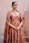 Irrau By Samir Mantri_Peach Dupion, Organza Embroidery, Zari Scoop Neck Nargis Printed Anarkali Set _at_Aza_Fashions