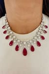 Buy_Prerto_Red Stones, Crystals Rabta Ruby Tear Drops Circular Diamond Necklace Set _at_Aza_Fashions