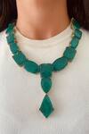 Buy_Prerto_Emerald Green Stones Geometric Doublet Statement Necklace Set _at_Aza_Fashions