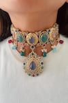 Buy_Prerto_Multi Color Zari, Stones, Crystals Gold Plated And Zircon Detailing Choker Set _at_Aza_Fashions