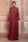 Buy_Shruti Sancheti_Maroon Silk Embroidery, Applique Mandarin Collar Pleated Maxi Gown _at_Aza_Fashions