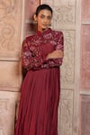 Shruti Sancheti_Maroon Silk Embroidery, Applique Mandarin Collar Pleated Maxi Gown _at_Aza_Fashions