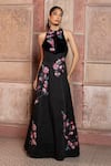 Shruti Sancheti_Black Silk Satin Embroidery Halter Neck Textured Gown _at_Aza_Fashions