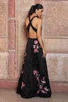 Shop_Shruti Sancheti_Black Silk Satin Embroidery Halter Neck Textured Gown _at_Aza_Fashions