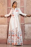 Shruti Sancheti_White Silk Embroidery, Piping Collared Chintz Gown With Belt _Online_at_Aza_Fashions