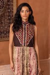 Shruti Sancheti_Brown Satin, Embroidery, Mirrors High Neck And Printed Tiered Gown _Online_at_Aza_Fashions