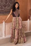 Buy_Shruti Sancheti_Brown Satin, Embroidery, Mirrors High Neck And Printed Tiered Gown _at_Aza_Fashions