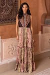 Shop_Shruti Sancheti_Brown Satin, Embroidery, Mirrors High Neck And Printed Tiered Gown _at_Aza_Fashions