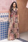 Shruti Sancheti_Brown Silk Satin Mirrors, Embroidery, Tassels V-neck Waistcoat With Sharara _Online_at_Aza_Fashions