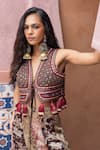 Shop_Shruti Sancheti_Brown Silk Satin Mirrors, Embroidery, Tassels V-neck Waistcoat With Sharara _Online_at_Aza_Fashions