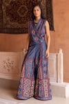 Buy_Shruti Sancheti_Blue Denim Embroidery, Mirrors V-neck Waistcoat With Pant _at_Aza_Fashions